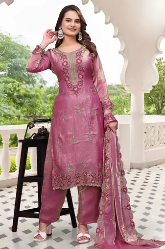  Embroidery Work Fendy Satin Straight Kurta Pant and Dupatta Set