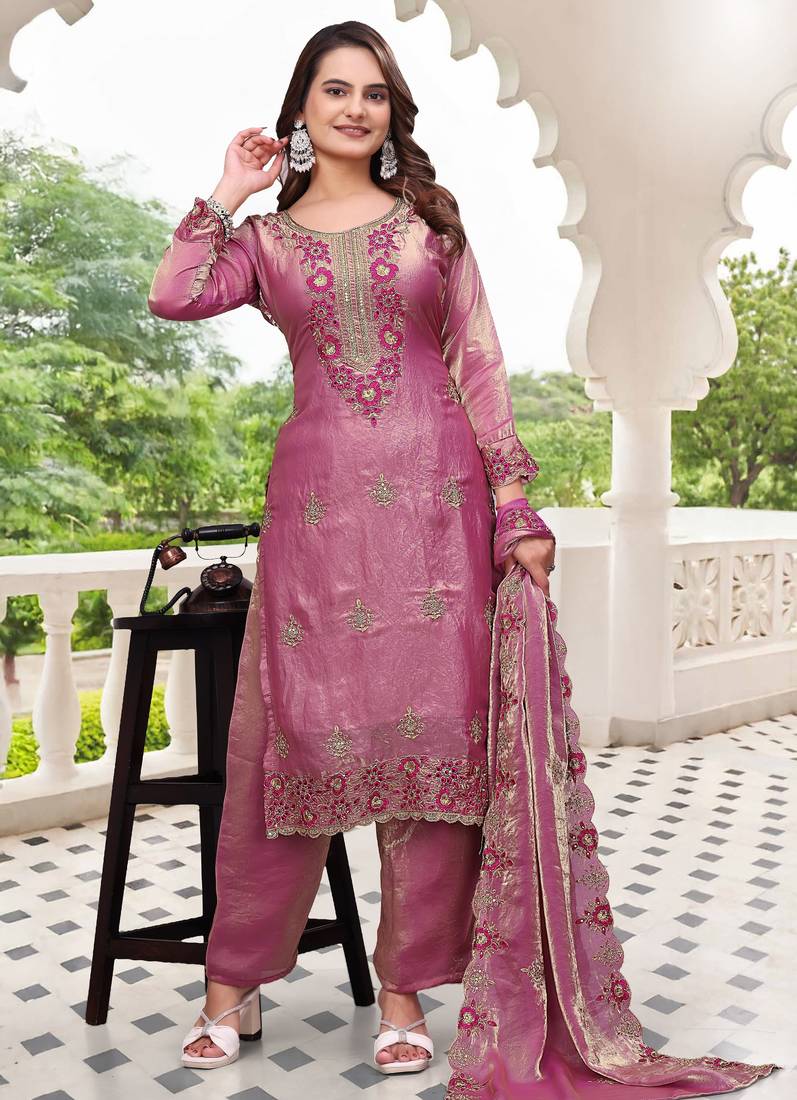  Embroidery Work Fendy Satin Straight Kurta Pant and Dupatta Set