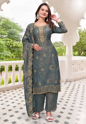  Embroidery Work Fendy Satin Straight Kurta Pant and Dupatta Set 1