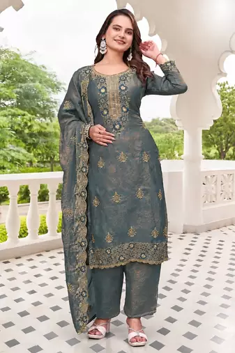  Embroidery Work Fendy Satin Straight Kurta Pant and Dupatta Set