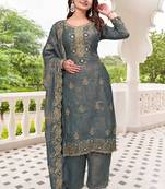  Embroidery Work Fendy Satin Straight Kurta Pant and Dupatta Set
