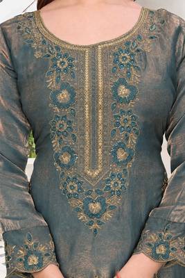  Embroidery Work Fendy Satin Straight Kurta Pant and Dupatta Set 2