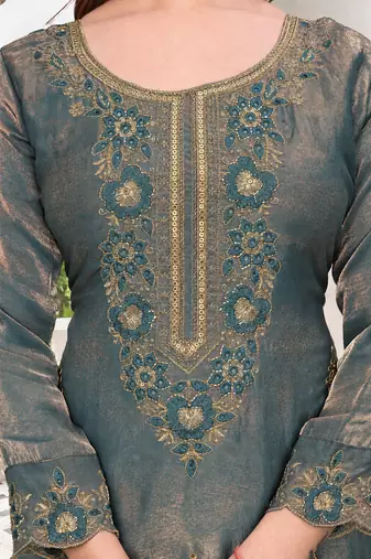  Embroidery Work Fendy Satin Straight Kurta Pant and Dupatta Set