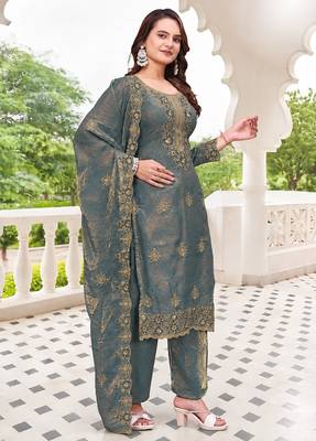  Embroidery Work Fendy Satin Straight Kurta Pant and Dupatta Set 3