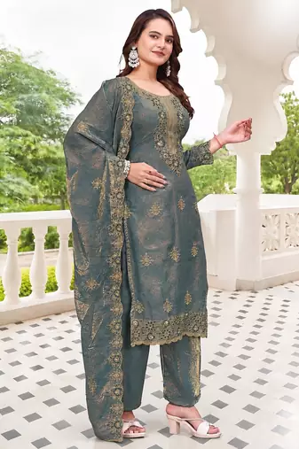  Embroidery Work Fendy Satin Straight Kurta Pant and Dupatta Set