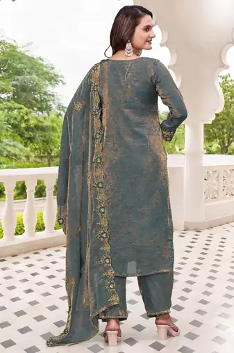  Embroidery Work Fendy Satin Straight Kurta Pant and Dupatta Set
