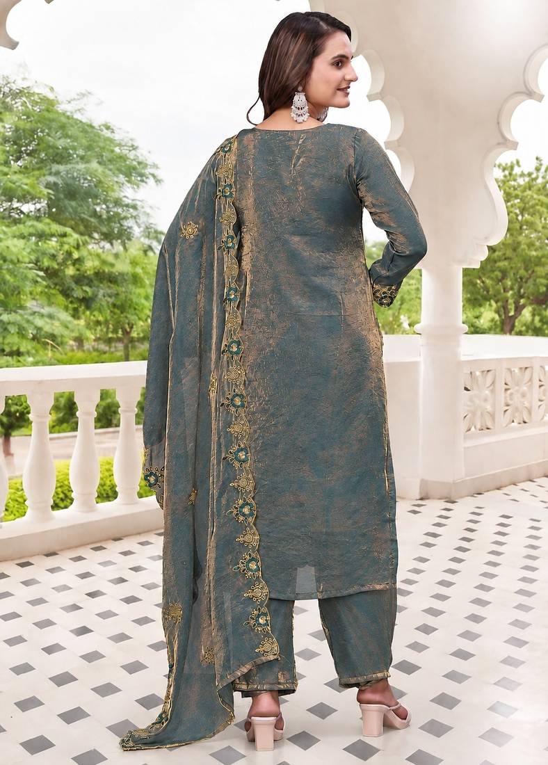  Embroidery Work Fendy Satin Straight Kurta Pant and Dupatta Set