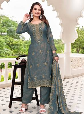  Embroidery Work Fendy Satin Straight Kurta Pant and Dupatta Set 5
