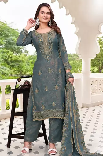  Embroidery Work Fendy Satin Straight Kurta Pant and Dupatta Set