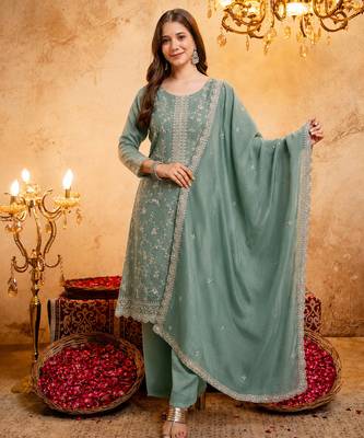  Embroidery Work Vichitra Straight Kurta Palazzo and Dupatta Set 1