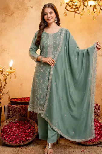  Embroidery Work Vichitra Straight Kurta Palazzo and Dupatta Set
