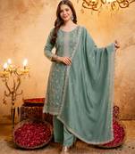  Embroidery Work Vichitra Straight Kurta Palazzo and Dupatta Set
