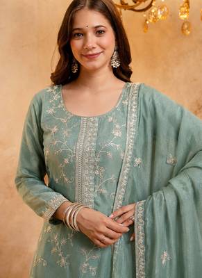  Embroidery Work Vichitra Straight Kurta Palazzo and Dupatta Set 2