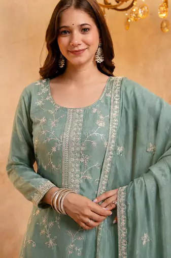  Embroidery Work Vichitra Straight Kurta Palazzo and Dupatta Set