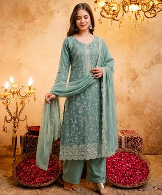  Embroidery Work Vichitra Straight Kurta Palazzo and Dupatta Set 3