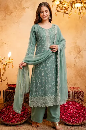  Embroidery Work Vichitra Straight Kurta Palazzo and Dupatta Set