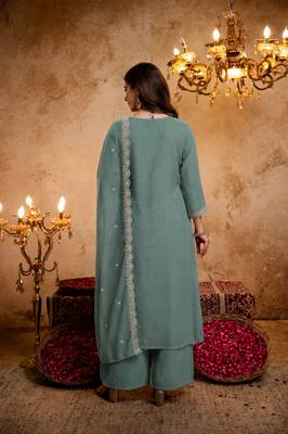 Embroidery Work Vichitra Straight Kurta Palazzo and Dupatta Set 4