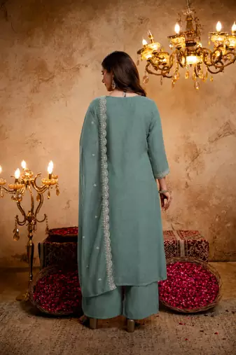  Embroidery Work Vichitra Straight Kurta Palazzo and Dupatta Set