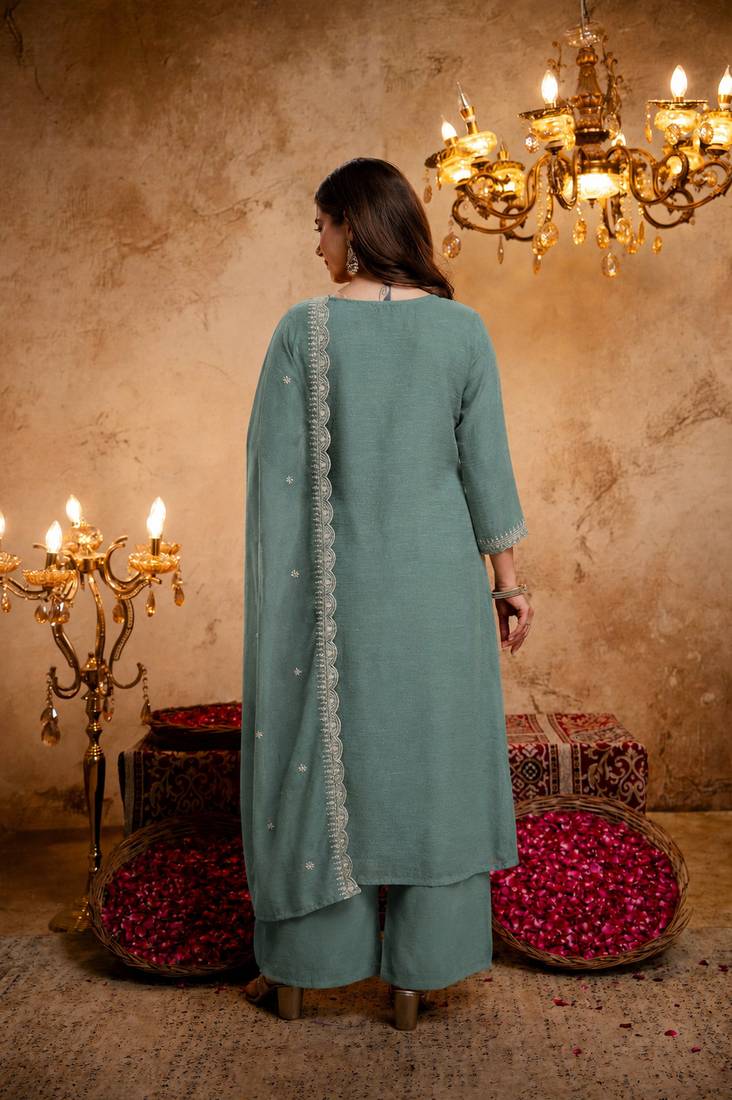 Embroidery Work Vichitra Straight Kurta Palazzo and Dupatta Set