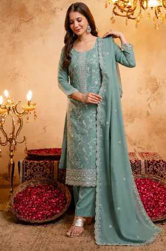  Embroidery Work Vichitra Straight Kurta Palazzo and Dupatta Set