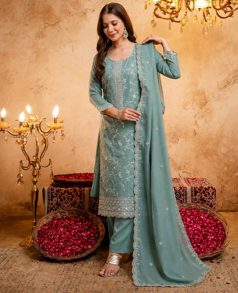  Embroidery Work Vichitra Straight Kurta Palazzo and Dupatta Set