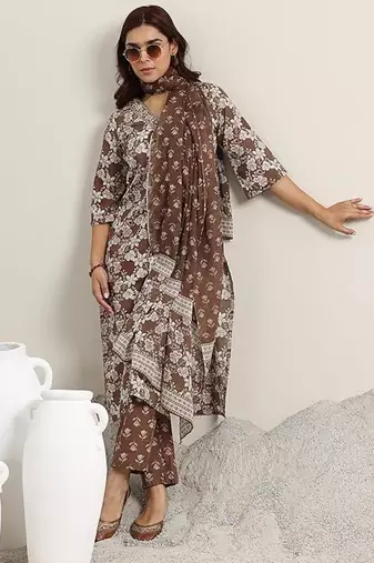  Printed Work Megic Cotton Straight Kurta Pant and Dupatta Set