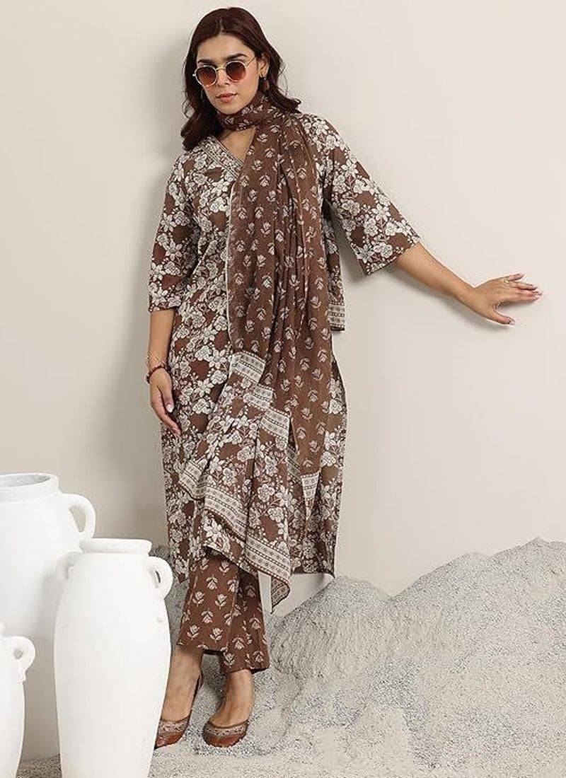  Printed Work Megic Cotton Straight Kurta Pant and Dupatta Set