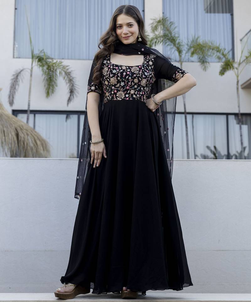  Embroidery Work Faux Flared Anarkali Dupatta Set