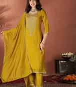  Embroidery Work Vichitra Straight Kurta Pant and Dupatta Set