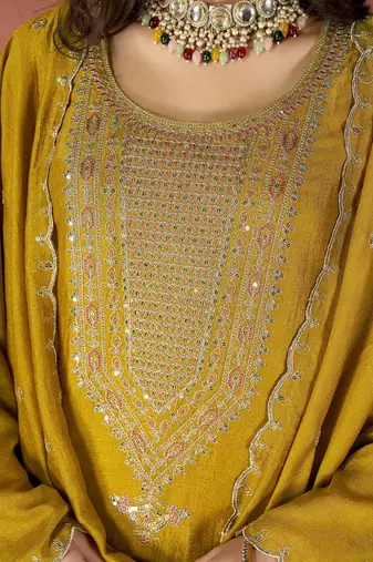  Embroidery Work Vichitra Straight Kurta Pant and Dupatta Set