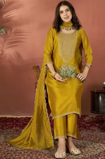  Embroidery Work Vichitra Straight Kurta Pant and Dupatta Set