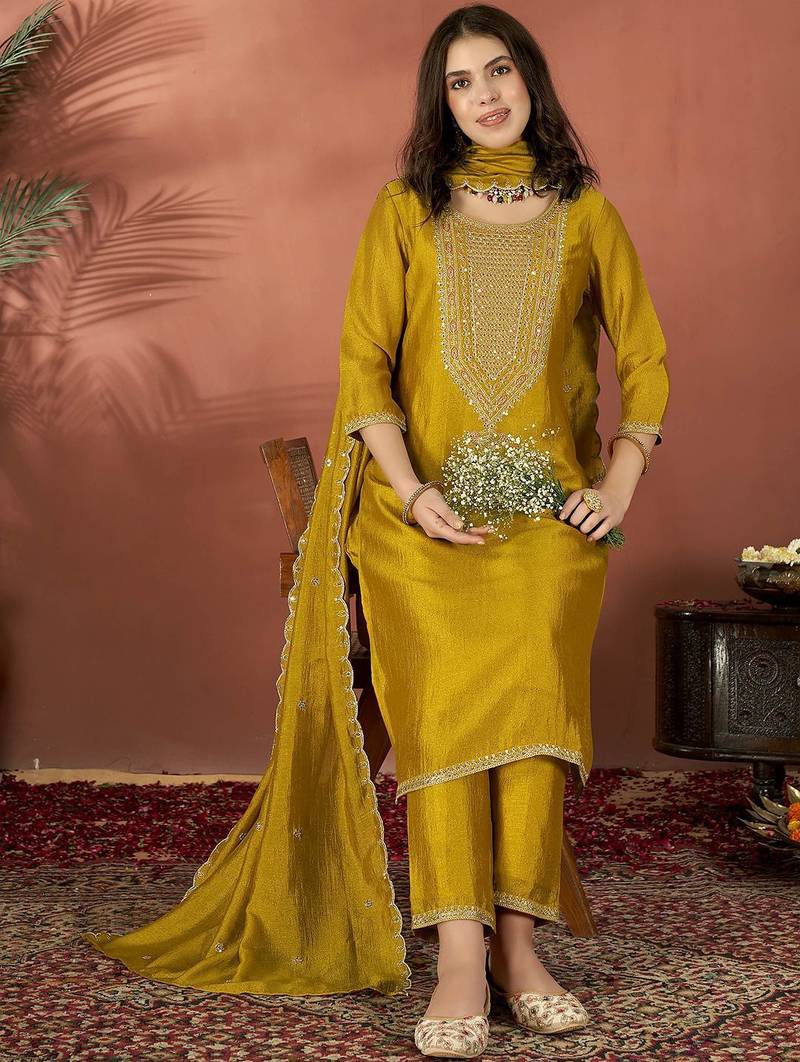  Embroidery Work Vichitra Straight Kurta Pant and Dupatta Set