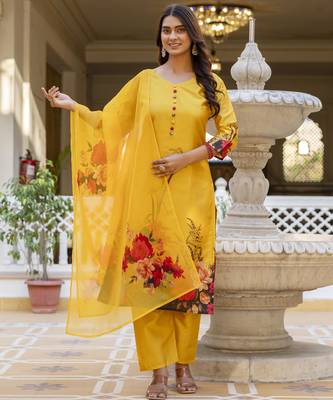  Soft Assam Printed Work A-line Kurta Pant and Dupatta Set 1