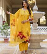  Soft Assam Printed Work A-line Kurta Pant and Dupatta Set