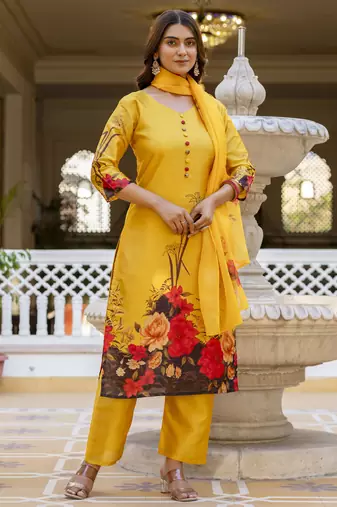  Soft Assam Printed Work A-line Kurta Pant and Dupatta Set