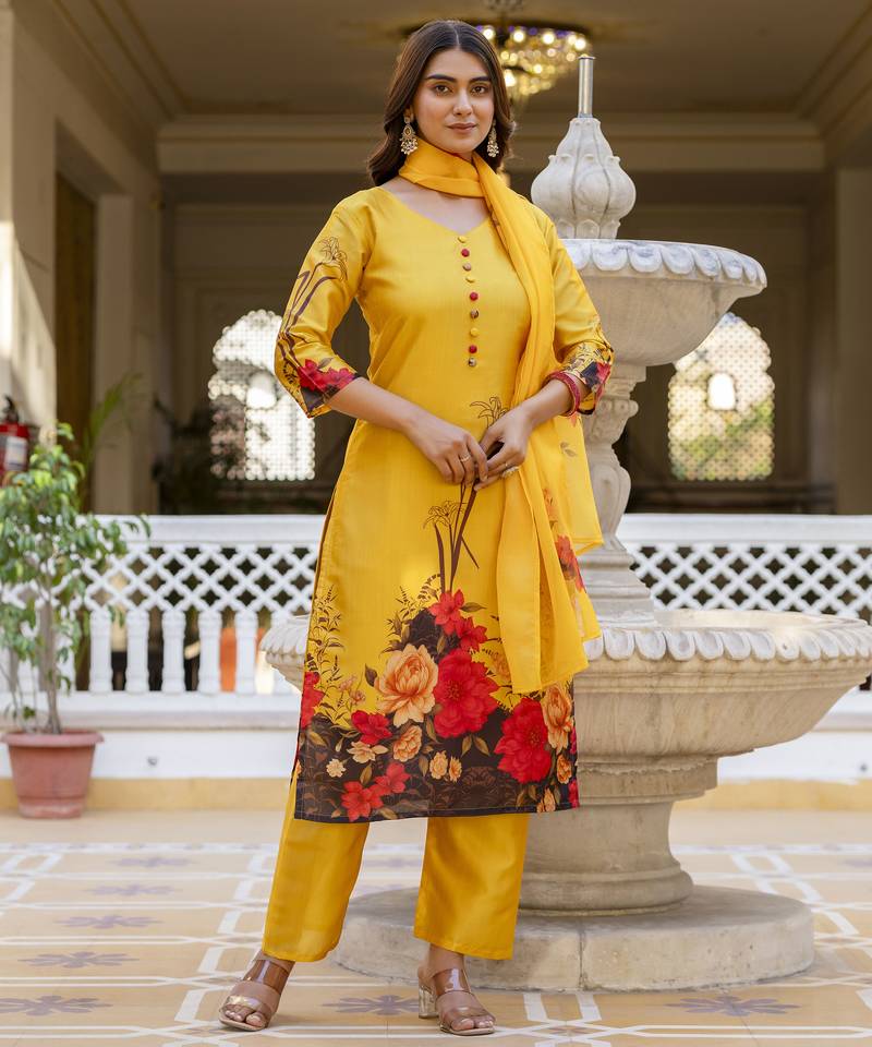  Soft Assam Printed Work A-line Kurta Pant and Dupatta Set