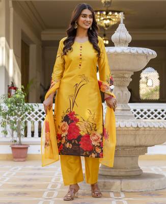  Soft Assam Printed Work A-line Kurta Pant and Dupatta Set 5