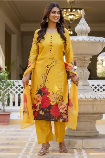  Soft Assam Printed Work A-line Kurta Pant and Dupatta Set