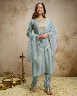  Roman Silk Embroidery Work Straight Kurta Pant and Dupatta Set 3
