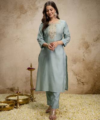  Roman Silk Embroidery Work Straight Kurta Pant and Dupatta Set 5