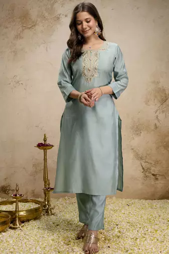  Roman Silk Embroidery Work Straight Kurta Pant and Dupatta Set