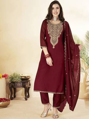  Vichitra Embroidery Work Straight Kurta Pant and Dupatta Set 1