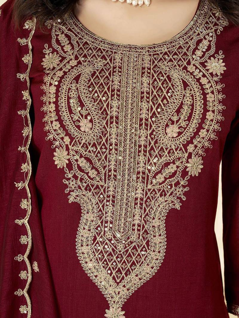  Vichitra Embroidery Work Straight Kurta Pant and Dupatta Set