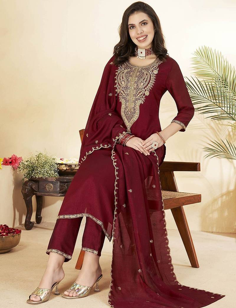  Vichitra Embroidery Work Straight Kurta Pant and Dupatta Set