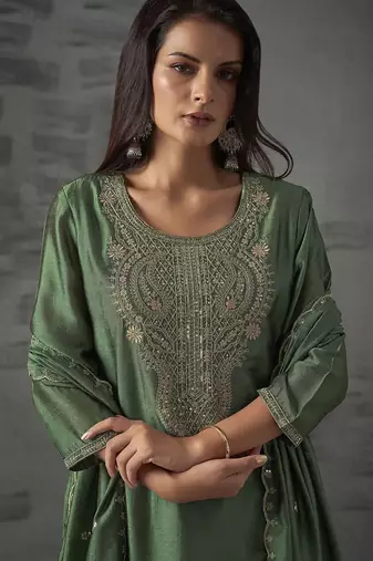  Vichitra Embroidery Work Straight Kurta Pant and Dupatta Set