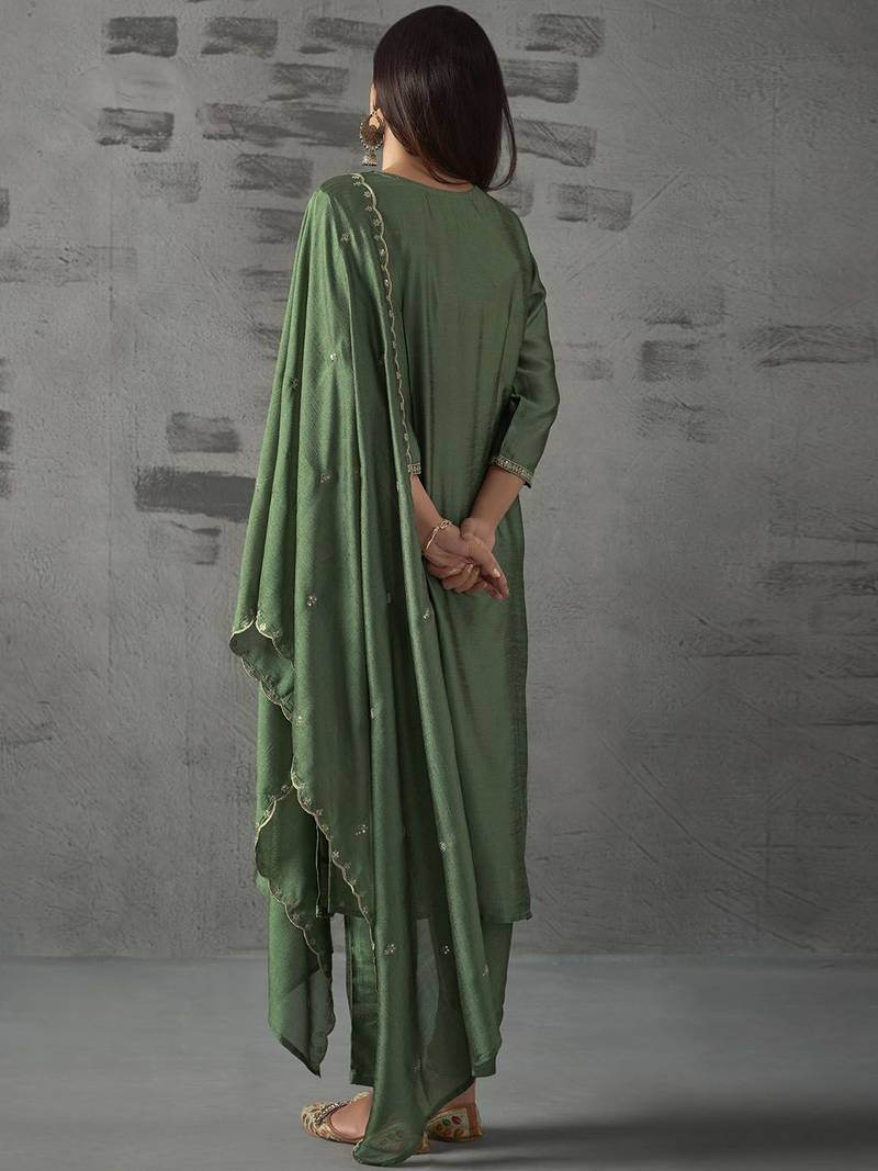  Vichitra Embroidery Work Straight Kurta Pant and Dupatta Set