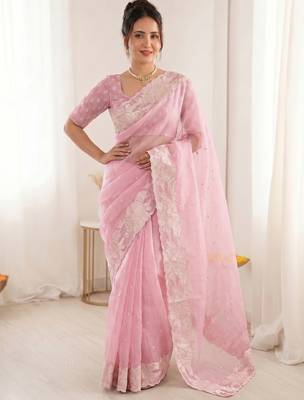 Women's pink embroidery organza designer saree with blouse 1
