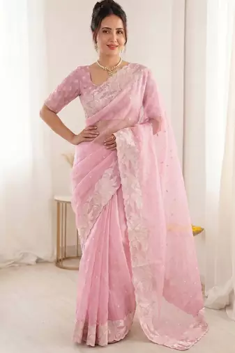 Women's pink embroidery organza designer saree with blouse