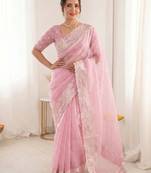 Women's pink embroidery organza designer saree with blouse
