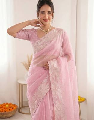 Women's pink embroidery organza designer saree with blouse 2